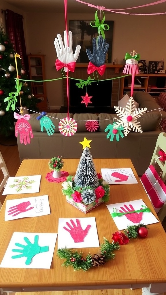 A collection of colorful DIY Christmas decorations made by preschoolers, including snowflakes, handprint ornaments, and garlands.